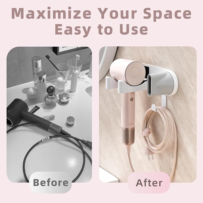 Hair Dryer Holder Wall Mounted, Hair Dryer Organizer Self Adhesive Compatible with Dyson Blow Dryer Holder Aluminum BlowDryer Holder Wall Mounted for Bathroom White