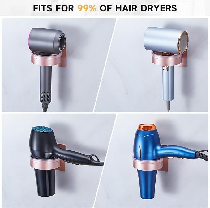 Hair Dryer Holder Wall Mounted, Blow Dryer Holder, Hair Tool Organizer for Hair Dryer Storage Hanger, Adhesive Hairdryer Holder for Bathroom Barber Shop (Rose Gold)