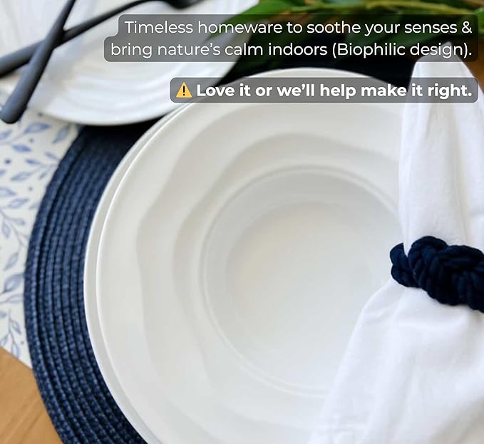Pots & Patterns Organic Wave Dinnerware Set, 12-Piece Nature-Inspired Porcelain Dinner Plates & Bowls Set for 4, Wide Rimmed Pasta Bowls, Modern White Dishes for Hosting, Dishwasher & Microwave Safe