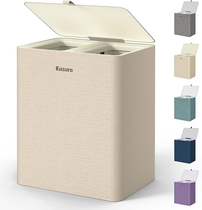 Kitsure Laundry Basket 95L – Large Laundry Hamper with Lid, 2-Compartment Divided Clothes Sorter with Removable Hamper Bags, Beige Organizer for Laundry Room, Bathroom & Bedroom, 22.2" x 16" x 27.4"