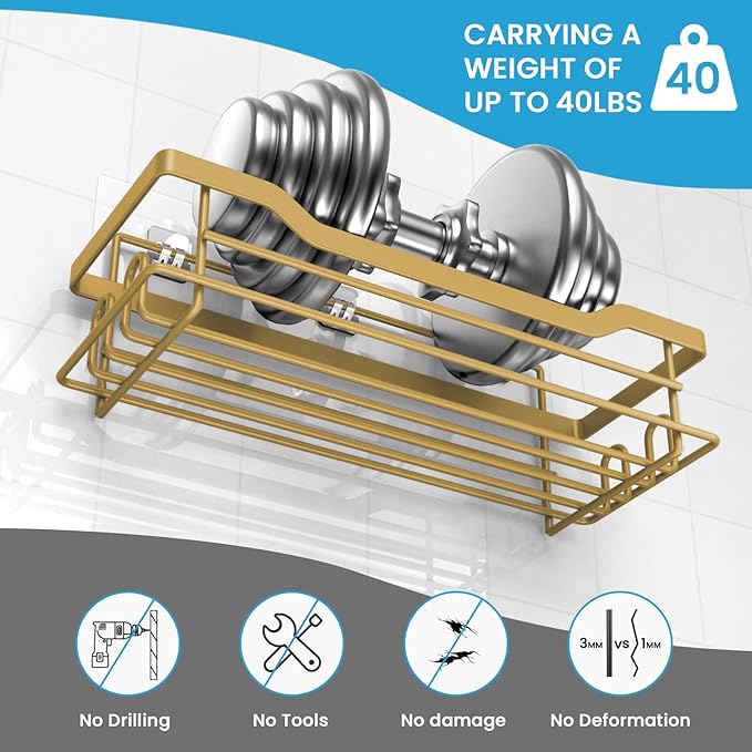 Shower Caddy Shelves Organizer Rack, Single Pack Shower Caddy, Shelves for Shampoo Soap Bathroom Waterproof Adhesive Holder, No Drilling Wall Mounted Self, Matte Gold