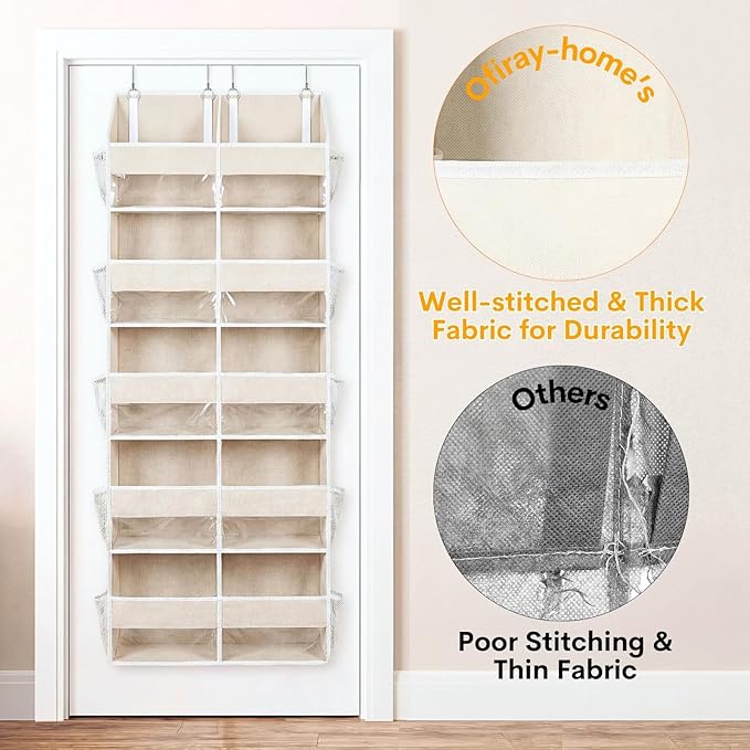 2 Pack Over the Door Organizer 5 Tiers, Extra Large Behind Door Storage of 10 Compartments, 80 lbs Weight Capacity Over Door Organizer, Door Hanging Organizer for Closet, Diaper Organizer, Beige