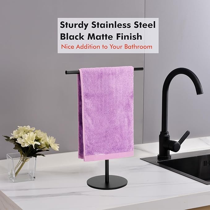 Black Hand Towel Holder Stand for Bathroom Vanity Countertop Stainless Steel T-Shape Freestanding Towel Rack Stand Towel Bar for Bathroom Kitchen (Black Matte)