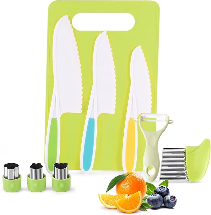 FGASIDYO 9PCS Montessori Kitchen Tools Cookware Baking Toy, Kids Knife Set for Real Cooking with Cutting Boards, Crinkle Cutte, Y Peeler, Serrated Edges Plastic Toddler Knife Kid Safe Knives
