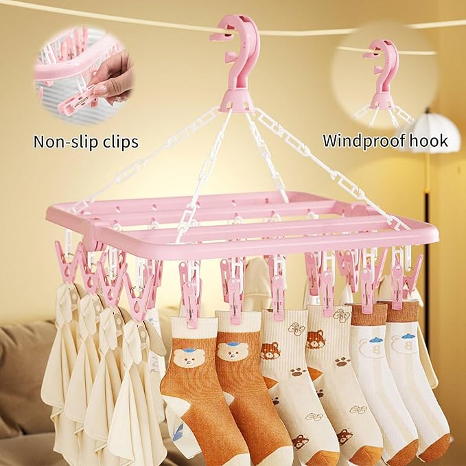 Clothes Drying Rack with 32 Clips, Foldable Hanging Rack, 360° Rotatable Hook for Drying Socks Baby Clothes Towels Gloves(Light Blue)