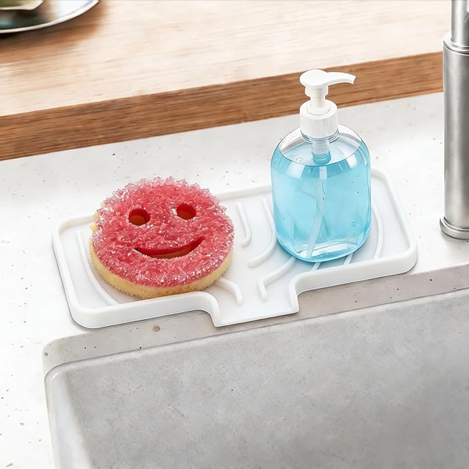 GUUKIN Sponge Holder for Kitchen Sink, 9.8"×4.9" Silicone Dish Drying Mat, Scrub Daddy Holder, Kitchen Sink Accessories, Suitable for Kitchens & Bathrooms (White)