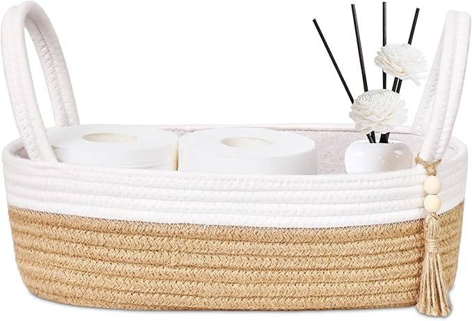 ABenkle Small Storage Basket for Toilet Tank Top - Jute Rope Woven Organizer with Handle, Boho Countertop Bathroom Decor, Toilet Paper Holder, 13x6x4 Inch