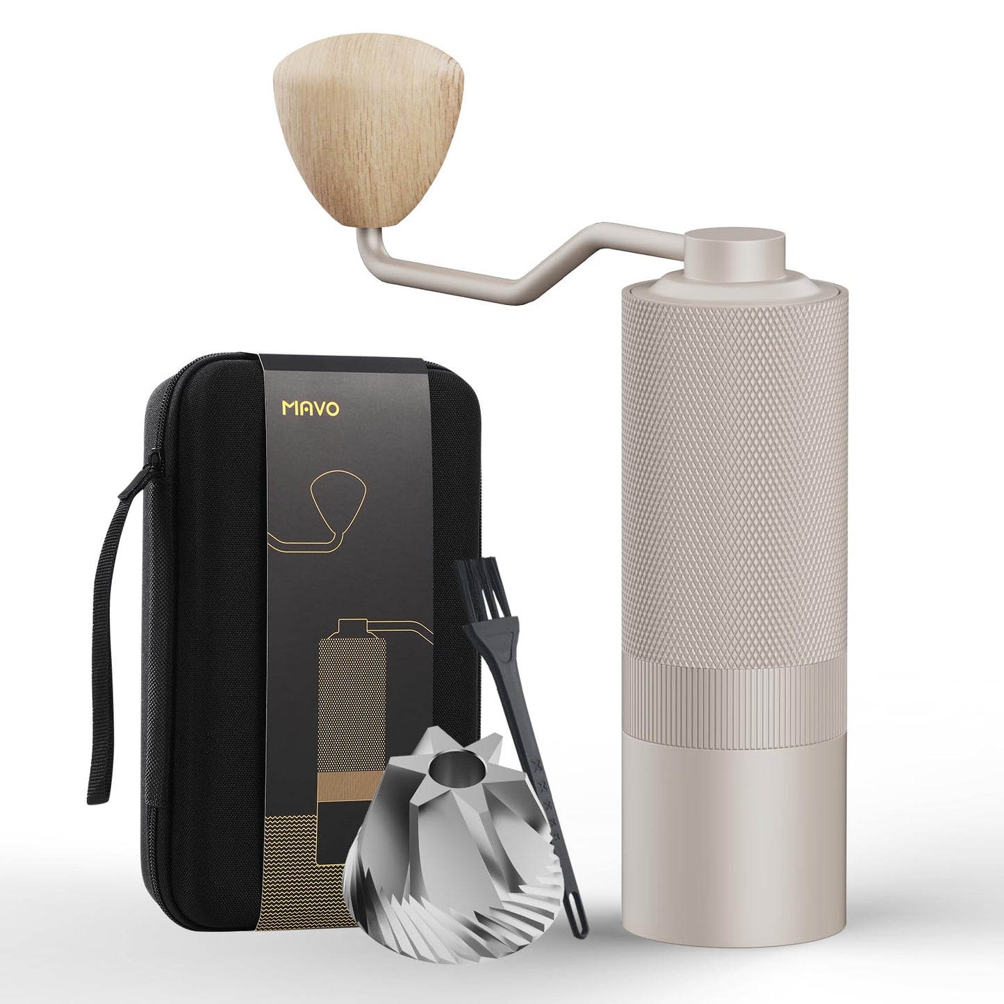 MAVO Manual Coffee Grinder, Wizard Hand Coffee Grinder, Capacity 25g with CNC Stainless Steel Pentagon Conical Burr, Adjustable Setting, Burr Coffee Bean Grinder for French Press, Pour Over, Silver