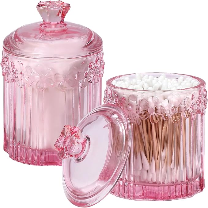 rejomiik 2 Pack Qtip Holder Glass Apothecary Jars with Lids Bathroom Accessories Vanity Organizers and Makeup Storage Canister for Cotton Swabs, Balls, Pads, Floss Picks, Candy, Pink