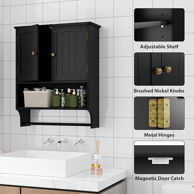 Black Bathroom Cabinet with Towel Rack, Bathroom Wall Cabinet with 2 Doors and Adjustable Shelf, Medicine Cabinet Wall Mount, Over The Toilet Storage