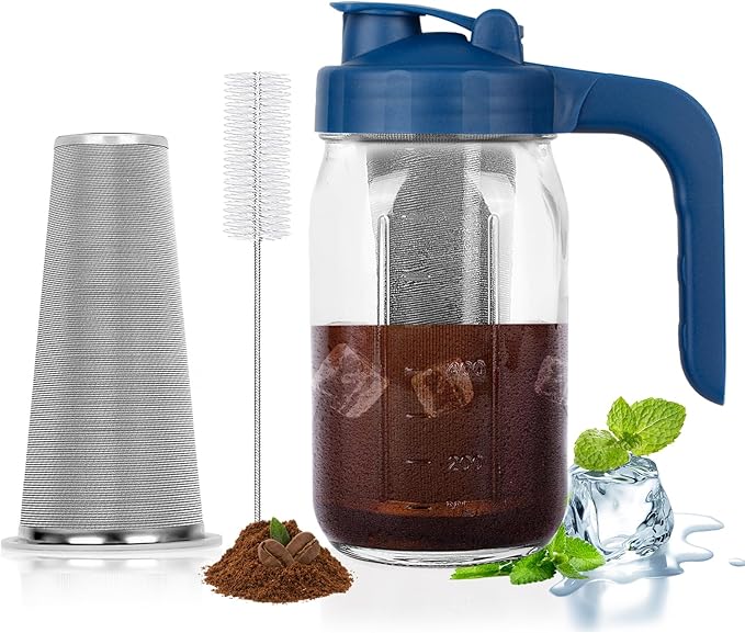Cold Brew Coffee Maker Pitcher,64 Oz Heavy Duty Glass Mason Jar Pitcher with V-shaped Pour Spout Handle Lid,Stainless Steel Filter for Iced Coffee,Iced tea,Fruit Drinks,lemonade - Blue