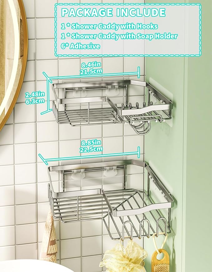 HapiRm Corner Shower Caddy with Shampoo Holder, Shower Organizer with 11 Hooks, No Drilling Rustproof Stainless Steel Bathroom Shelves - Silver (Only for 90 ° Right Angle)
