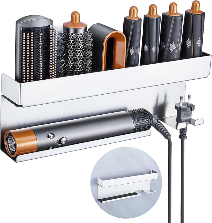 Storage Hair Dryer Holder for Curling Iron Wands Accessories, Hair Straightener Holder, Wall Mount Hair Tool Organizer for Styler Attachments, Curling Iron Holder Organizer for Bathroom, Silver