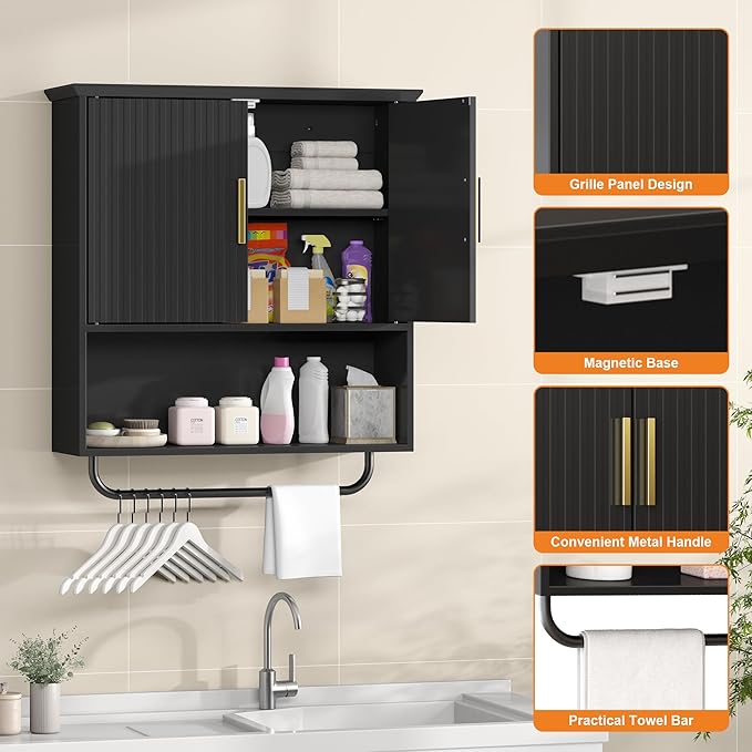 Bathroom Wall Cabinet with Towel Bar, 2 Doors & Adjustable Shelves - Space Saving Wood Wall Mounted Medicine Cabinet Storage Organizer for Bathroom, Laundry, Kitchen, Living Room (Black)