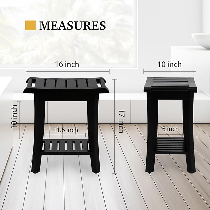 Bamboo Shower Bench Inside Shower Stool with Storage Shelf, Spa Bath Chair for Bathroom, Seat or Organizer for Living Room, Bedroom and Garden - Great for All Ages Unisex Elderly (Small, Black)