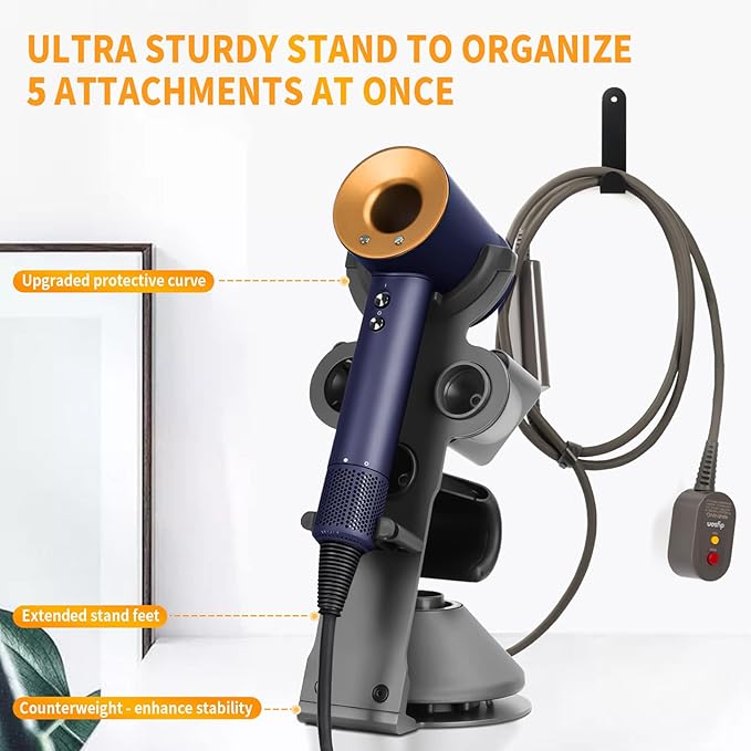 Hair Dryer Holder Stand for Dyson Hair Dryer, Upgraded Dyson Hair Dryer Holder Dyson Hair Dryer Stand Black to Store 5 Dyson Hair Dryer Attachments with Cable Hook