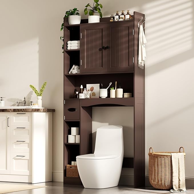 Gizoon Over The Toilet Storage Cabinet, 66''H Over Toilet Storage Cabinet, with Paper Holder, Adjustable Shelves, 2 Doors, Over Toilet Bathroom Organizer, 2 Side Hooks, Space-Saver, Dark Brown