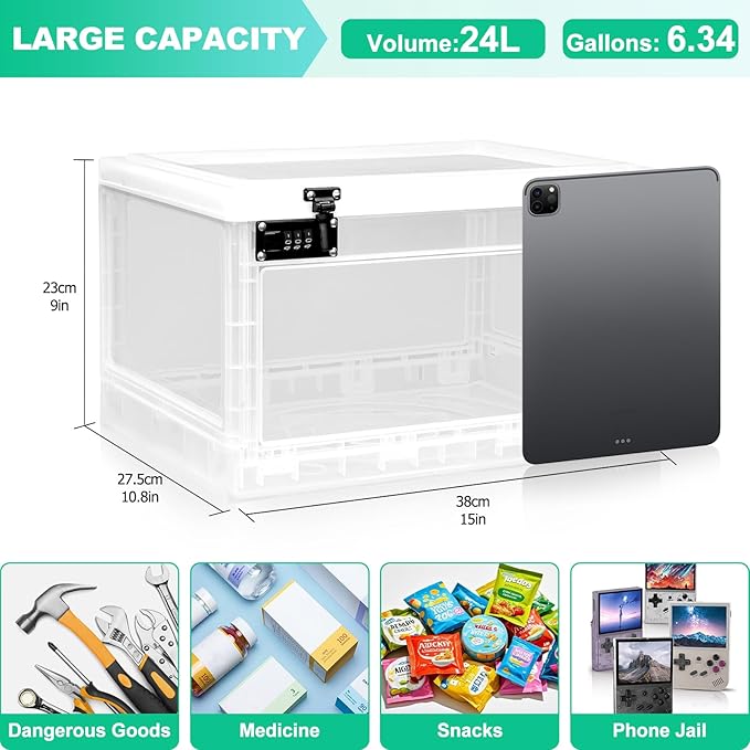 Large Medicine Lock Box with Dual 3-Digit Combination Locks, 24L Lockable Storage Box for Medication, Snacks, Phone, and Electronics - BPA-Free Organizer Bin for Home, Office, Fridge, and Safety