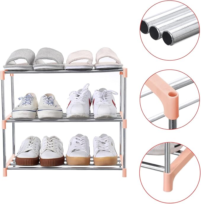 Stackable Small Shoe Rack, Entryway, Hallway and Closet Space Saving Storage and Organization (3-Tier, Pink)