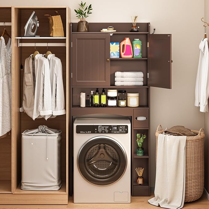 Ahomly Over The Toilet Storage Cabinet, 32.3" W Over Toilet Bathroom Organizer with Doors, Adjustable Shelves, Toilet Paper Holder, 2 Side Hooks, Space-Saver for Bathroom, Laundry, Espresso