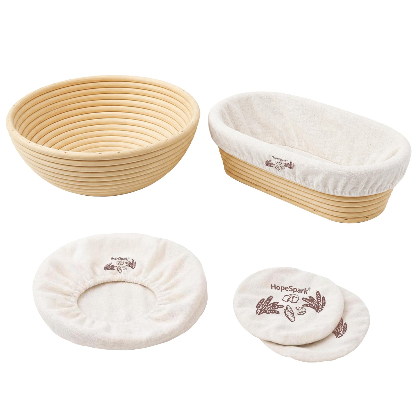 HopeSpark Banneton Sourdough Proofing Basket Kit, 9" Round and 10" Oval Proofing Basket with Liners & Covers, Bread Baking Supplies for Home or Professional Bakers Baking
