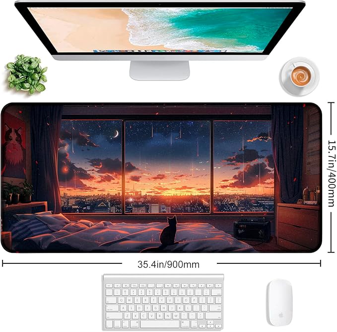 Anime Cat Fantasy Window Mouse Pad, Summer Mouse Pad Large Healing Night Scene