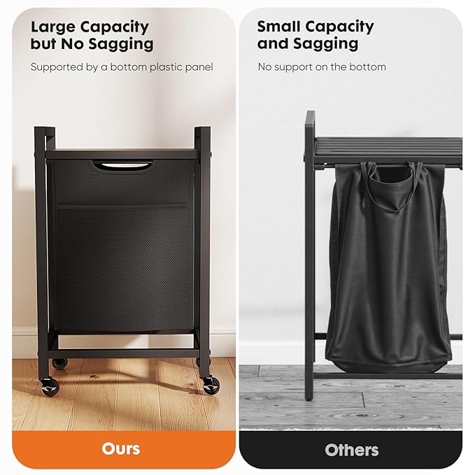 DUMOS Laundry Hamper with 1 Pull-Out Removable Sorter Bags, Movable Wheels, Freestanding Clothes Basket Organizer in Bathroom, 1 × 18.3Gal (69L) Capacity, Rustic Brown and Black