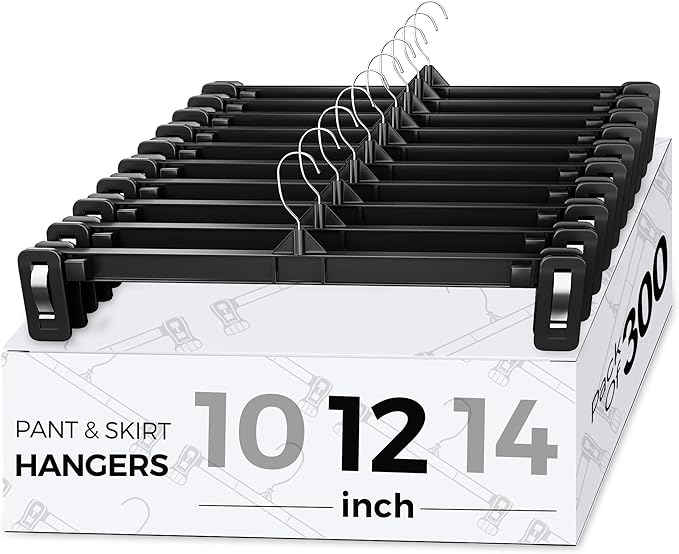 Smartor Space Saving Heavy Duty Hangers - 300 Pack, Slim Plastic Pants and Shorts Hangers, Ridged Non-Slip with Pinch Clips, 360-Rotating Chrome Swivel Hook, Black, 12 Inch