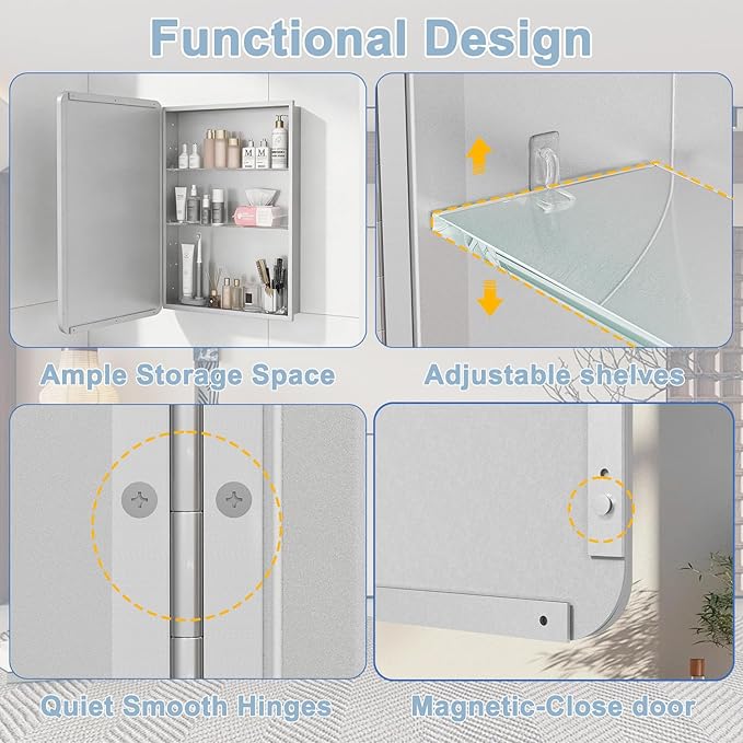 28x20 Inch Matte Silver Medicine Cabinet with Mirror for Bathroom, Aluminum Medicine Cabinet with Frosted Finish, Recessed or Wall Mount Medicine Chest, Modern Sleek Design, Fully Assembled