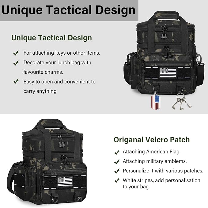 Expandable Tactical Lunch Box, XLarge Insulated Lunch Cooler Bag Heavy Duty Leakproof Lunch Pail for Men Adults Work Office Outdoor Picnic Trips,25L,Black-Camo