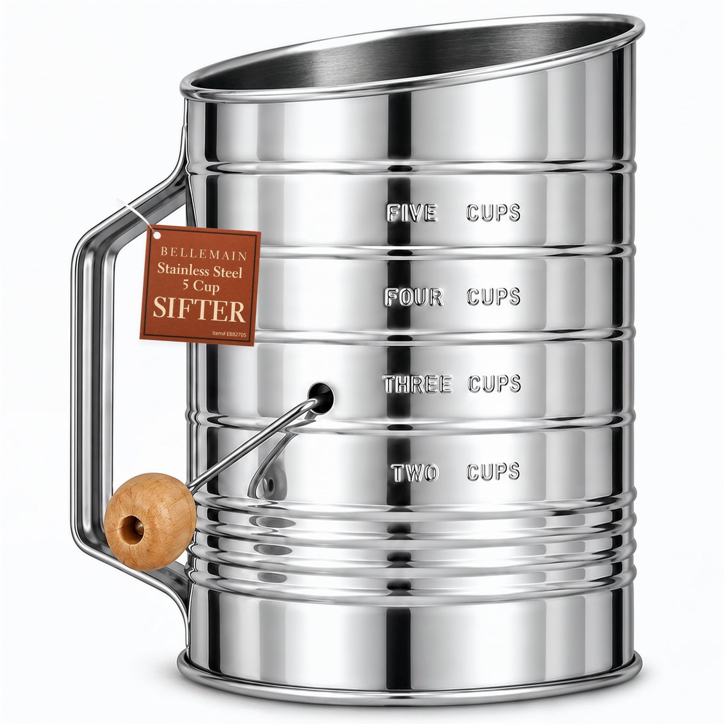 Bellemain Stainless Steel Flour Sifter for Baking with Hand Crank - 5 Cup