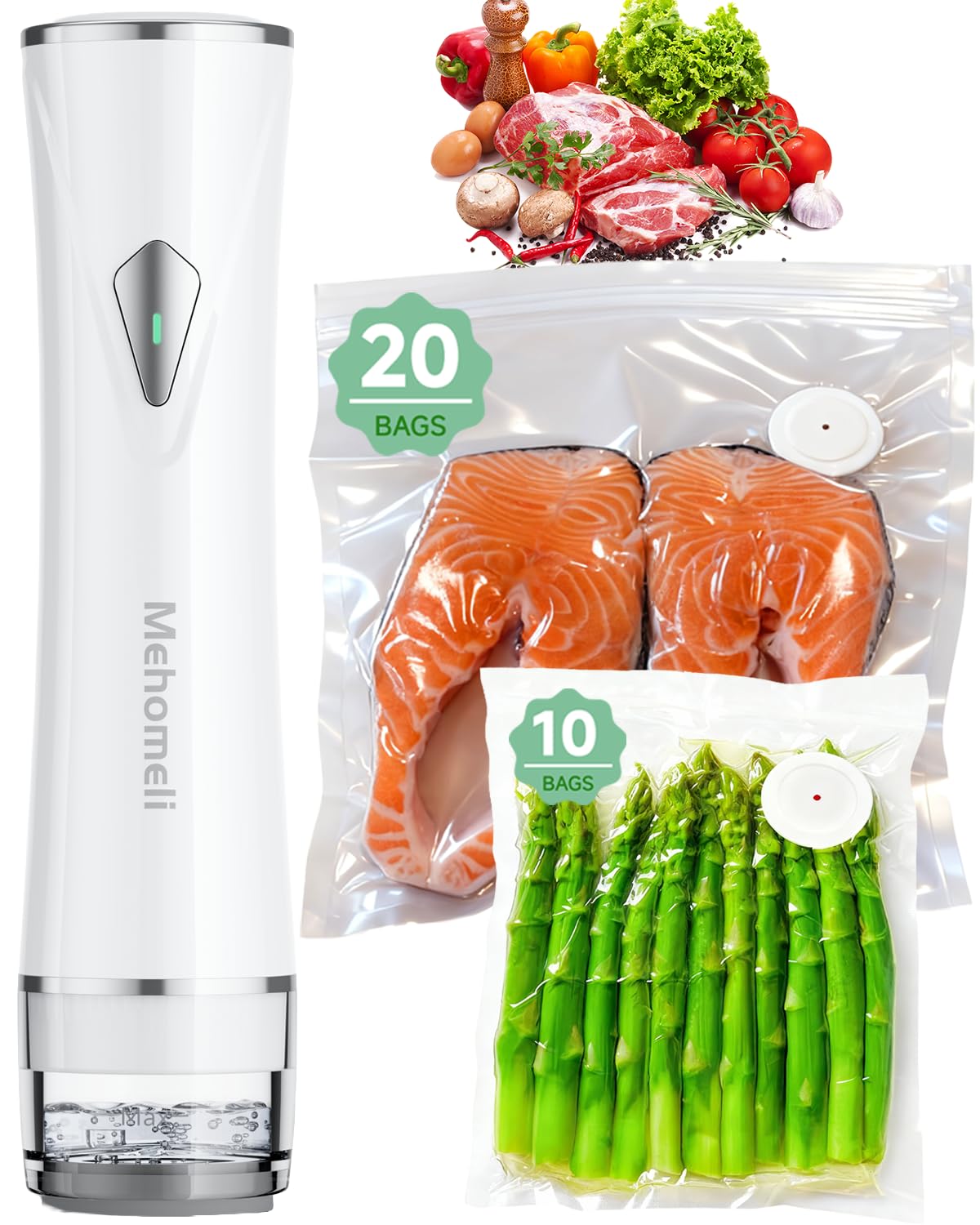 Mehomeli Compact Handheld Vacuum Sealer for Food with 20 Reusable Bags