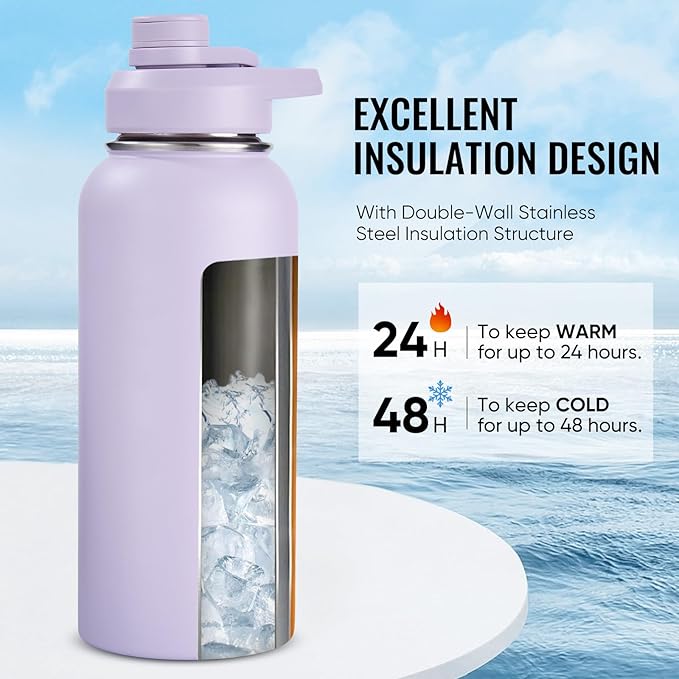 32 oz Insulated Water Bottle with Handle, 304 Stainless Steel Water Bottles with Wide Mouth, Double Wall Vacuum Sports Water Bottle, BPA Free, Keep Cold and Hot, Purple