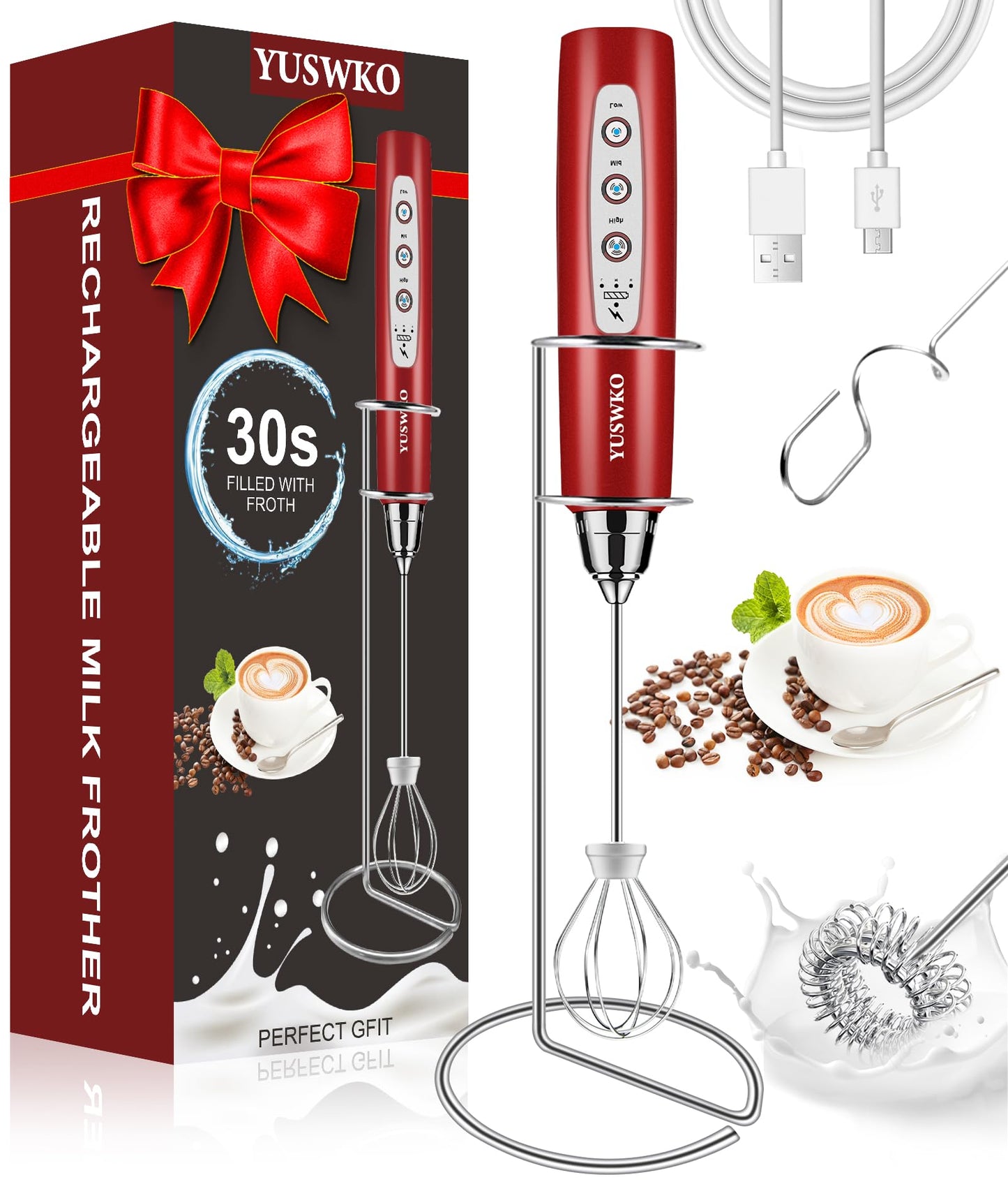 YUSWKO Handheld Milk Frother Wand for Coffee, Rechargeable Electric Whisk with 3 Heads 3 Speeds Drink Mixer Coffee Frother For Latte, Cappuccino, Hot Chocolate, Egg, Beige