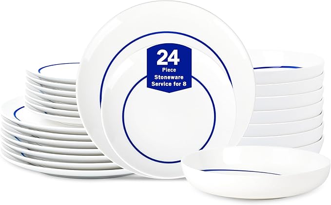 Stone Lain Luna 24-Piece Porcelain Dinnerware Set, Plates and Bowls Set, Dish Set for 8, Green