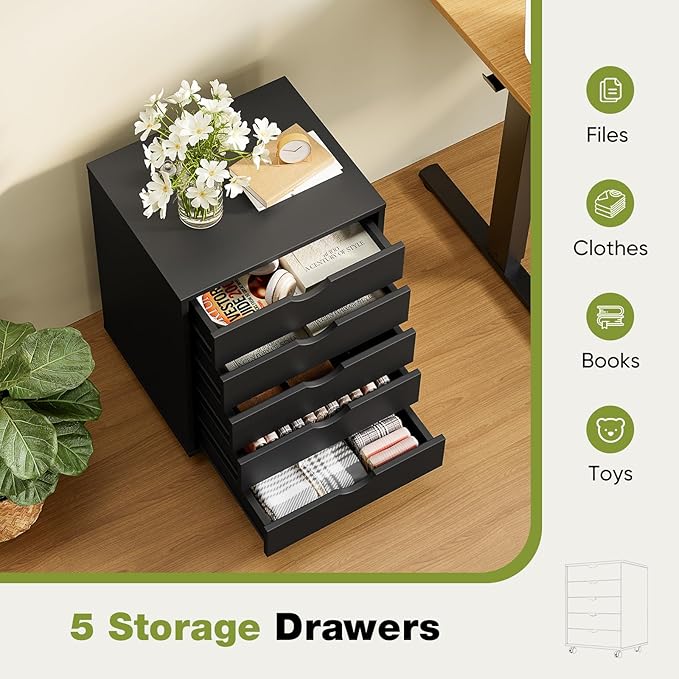 Sweetcrispy 5 Drawer Chest Mobile Storage Cabinets Small Wooden Dresser with Wheels Room Organization Furniture for Office Home, Black Wood