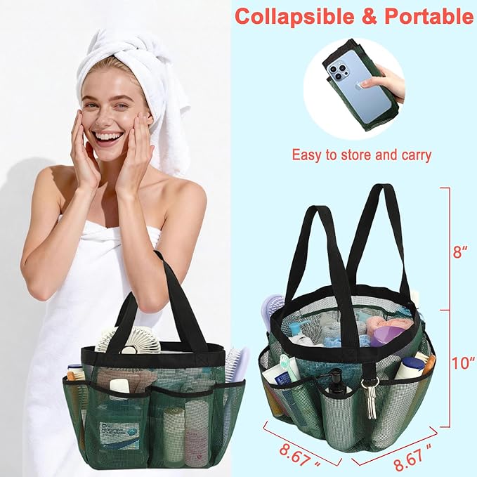 Mesh Shower Caddy Portable for College Dorm Room Essentials, 8-Pocket Large Shower Basket Tote Bag with 2 Handles for Toiletry, Bathroom, Beach, Camp, Gym
