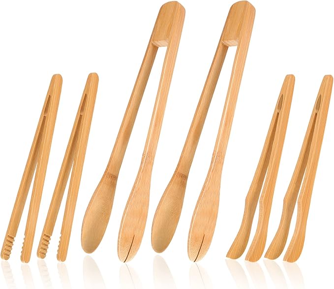 Zopeal 9 Pcs 7 and 12 Inch Bamboo Toaster Tongs, Wooden Tongs for Cooking