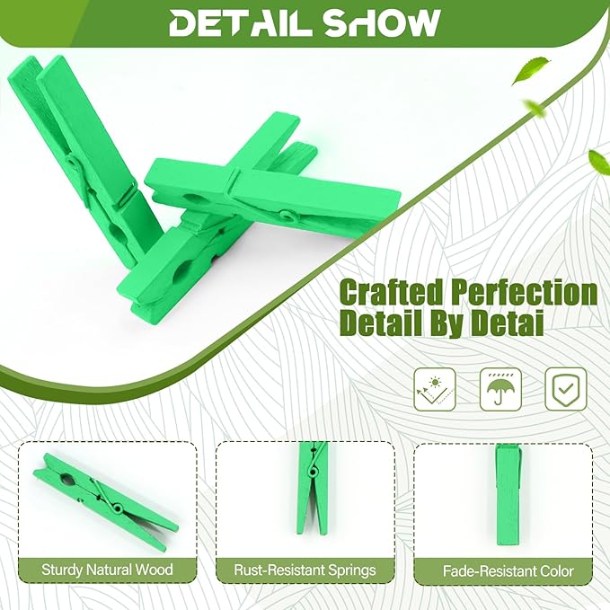 100 Pack Clothes Pins Wooden 2.9 Inch, Clothespins Wood Colorful Clothing Pins for Crafts Classroom Pictures Green