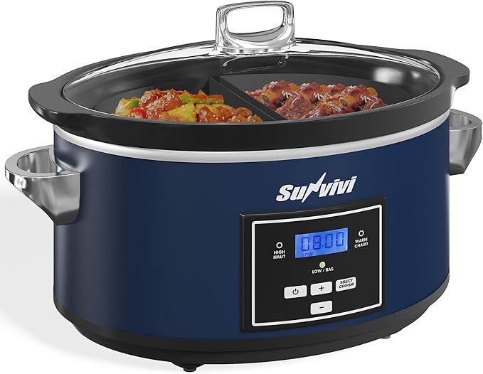 Sunvivi 4 Quart Slow Cooker & Mini Food Warmer with 3 Heating Settings, Removable Ceramic Pot, Dishwasher Safe Glass Lid, Stainless Steel, Blue