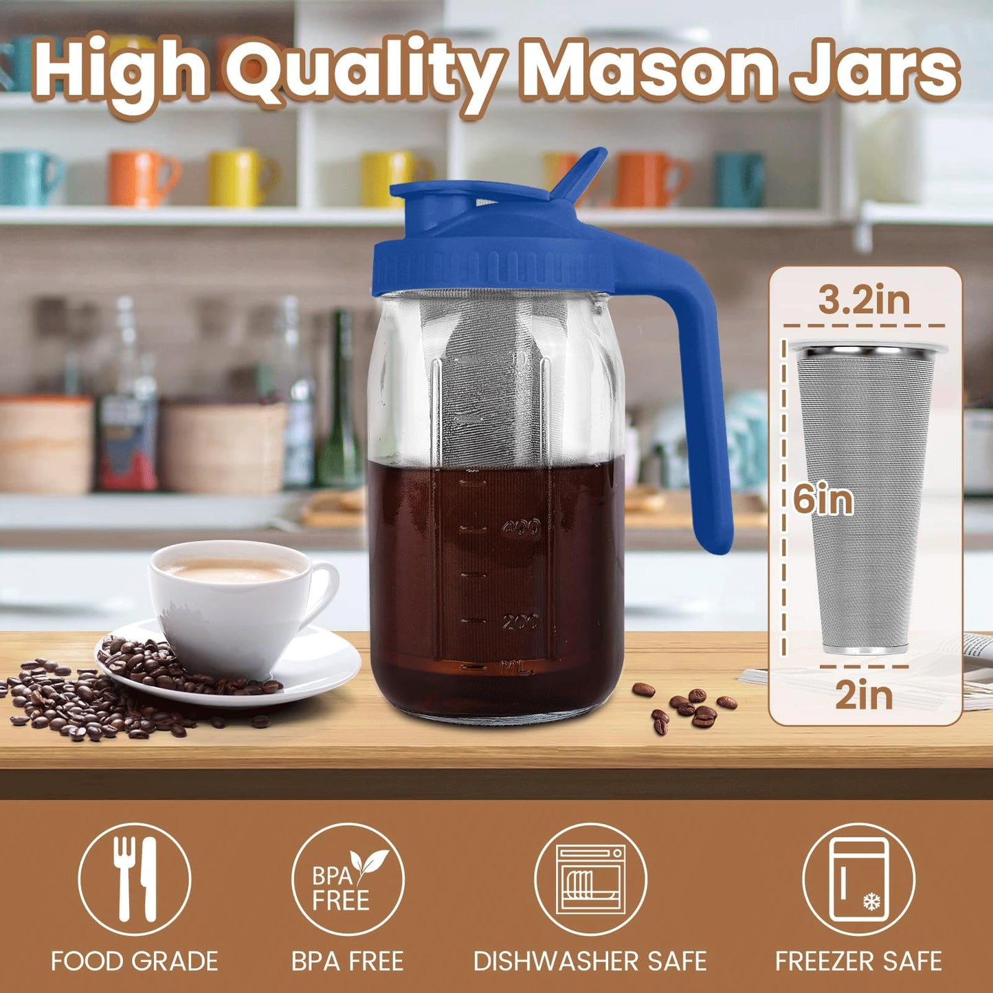 QHH Cold Brew Coffee Maker, 64 oz Mason Jar Pitcher with Stainless Steel Filter, Pour Spout Handle Lid, Airtight & Leak-Proof for Iced Coffee,Tea & Lemonade
