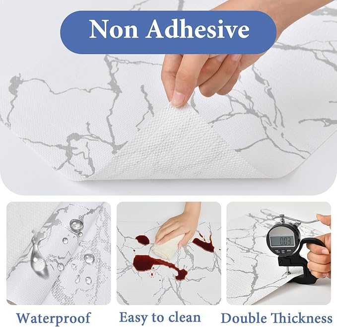 Drawer and Shelf Liner for Kitchen Cabinet: 12 in X 30 Ft Non Slip Waterproof Shelf Paper Non Adhesive Refrigerator Liners Silver Marble Easy Liners for Bathroom with Knife Tape Measure