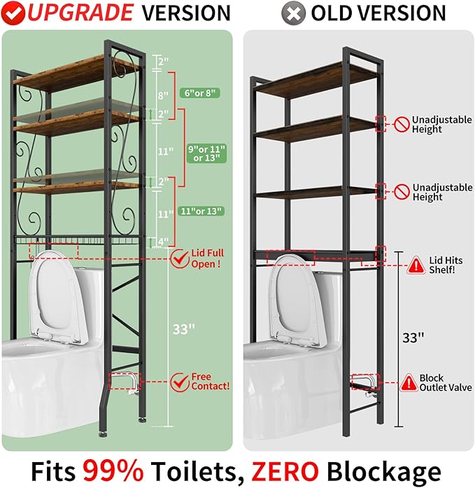 Over-The-Toilet Storage Rack 4-Tier,Bathroom Organizer Shelf Over Toilet,Adjustable Wooden Shelves and Basket,Freestanding Above Toilet Shelf,Space Saver for Rooms(Black Rack-Rustic Brown Shelves)