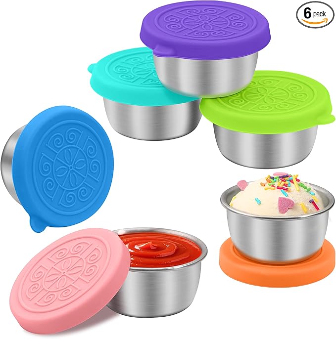 6x1.6 oz Salad Dressing Container to Go, Leakproof Reusable Stainless Steel Small Container with Lid,Sauce Containers for Lunch box,Picnics,Travel,Office and Meal Prep