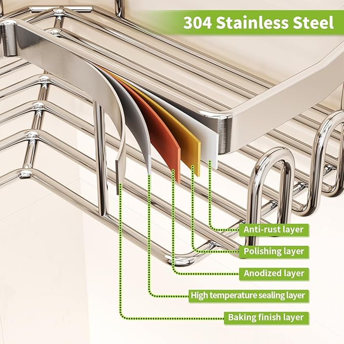 SWTYMIKI Shower Caddy Corner with Soap Holder, 2-Tier Stainless Steel Corner Shower Organizer with 11 Hooks, No Drilling & 6 Strong Adhesives Bathroom Shelf Organizer, Silver - 2 Tier