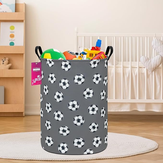 Laundry Hamper Large Canvas Fabric Lightweight Storage Basket/Toy Organizer/Dirty Clothes Collapsible Waterproof for College Dorms, Boys and Girls Bedroom,Bathroom(grey football)