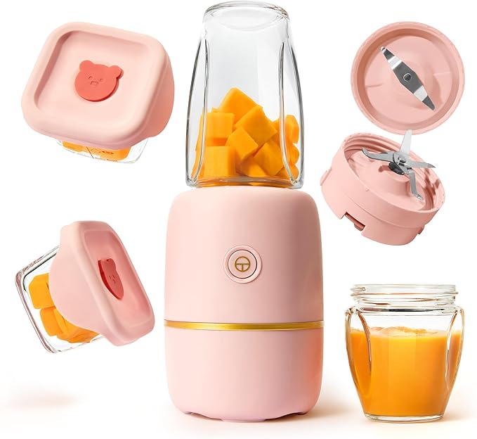 Kwiplee Bubble Blender, Baby Food Maker & Puree Blender with 2 Borosilicate Glass Cups, Compact Baby Bullet for Smoothies, Hands-Free One-Touch, 200W Motor, Rose