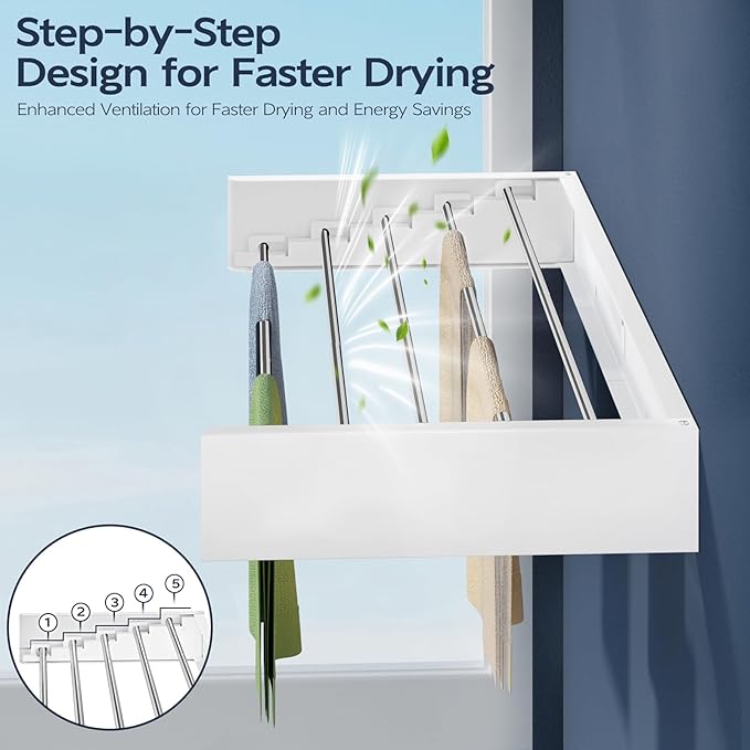 Wall Mounted Foldable Clothes Drying Rack, 32-Inch Wide, 5 Stainless Steel Rods, Space-Saving Laundry Drying Rack with Wall Template, White