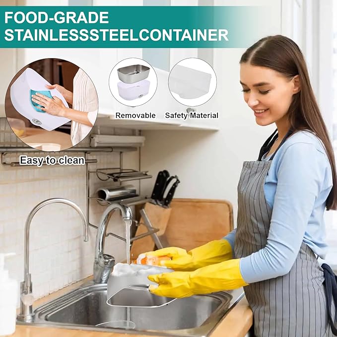 Electric Lunch Box Food Heater, 80W Heated Lunch Box for Adults, 12V 24V 110V Portable Food Warmer LunchBox for Car Truck Work with Removable 304 Stainless Steel Container White