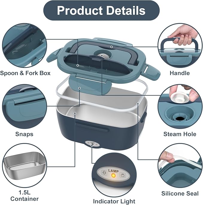 Vabaso Electric Lunch Box Food Heater, 80W Electric Heating Lunch Boxes Lunch for Adults/Men/Car/Truck/Work, 1.5L Removable 304 Stainless Steel Container, 110V/12V/24V, with Fork & Spoon